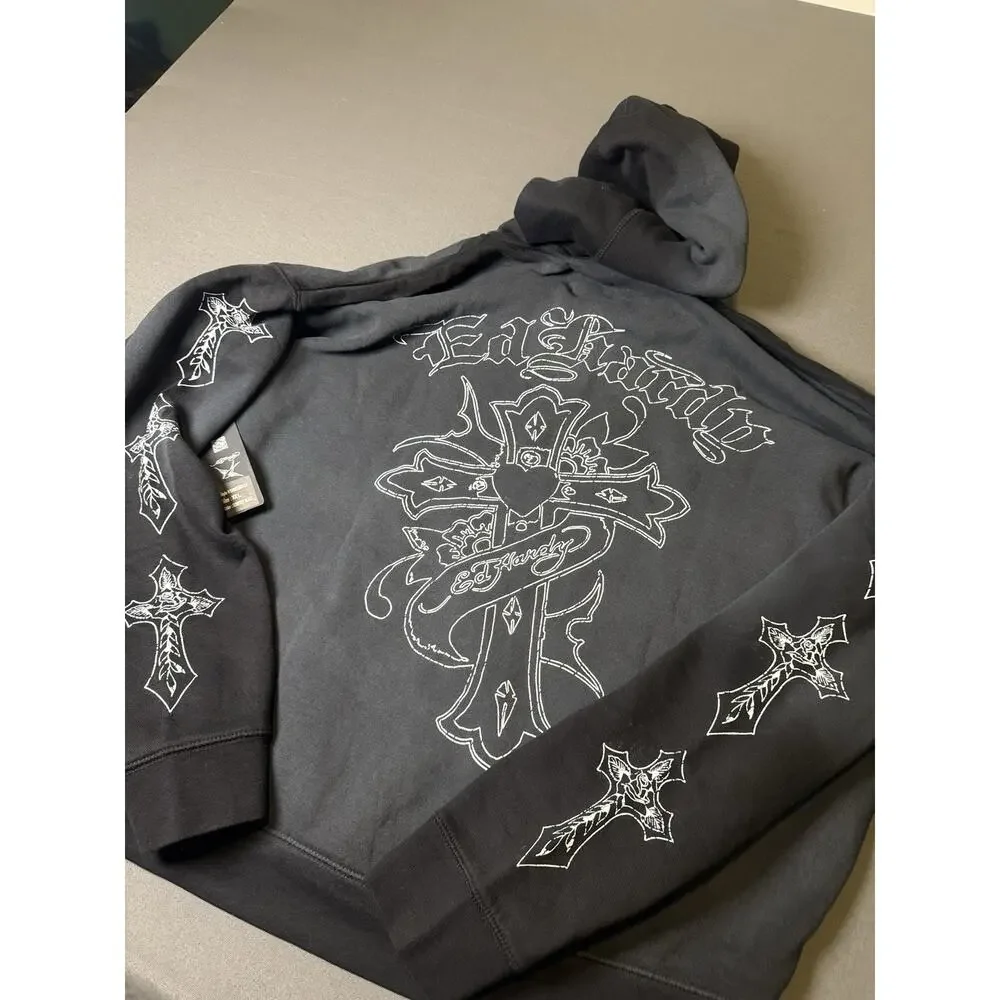 Ed Hardy XXL CROSS BOXY ZIP HOODIE, Color: Sunfaded Black, Style# EHM1303-17